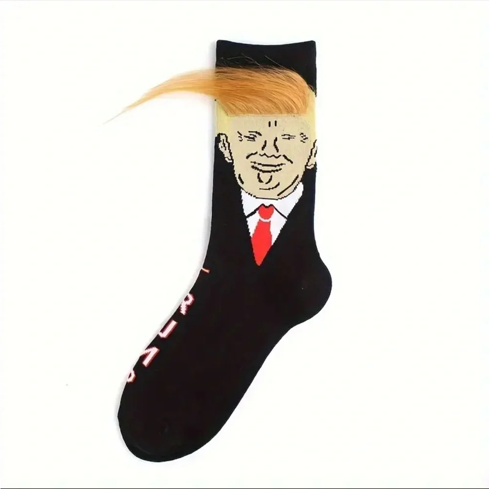 1 Pair‎ Novelty Cartoon Pattern Trump Crew Socks, Breathable Cotton Blend
